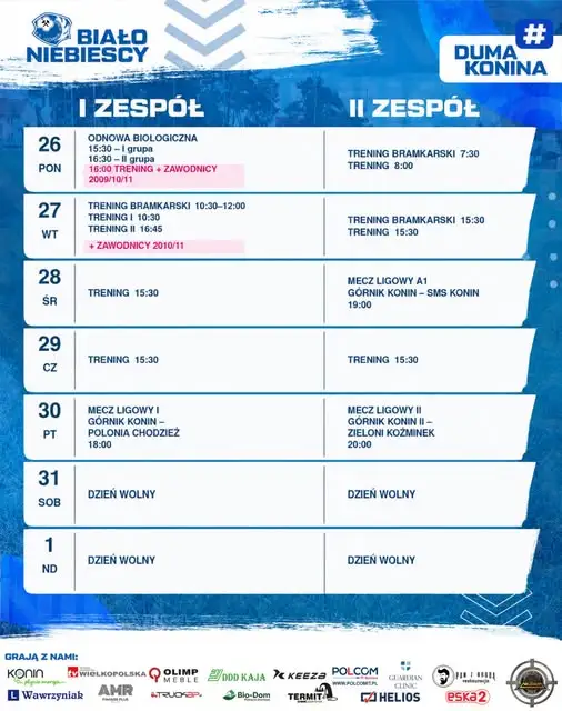 Górnik Konin: juniorzy trenują z pierwszą drużyną. Plan tygodnia